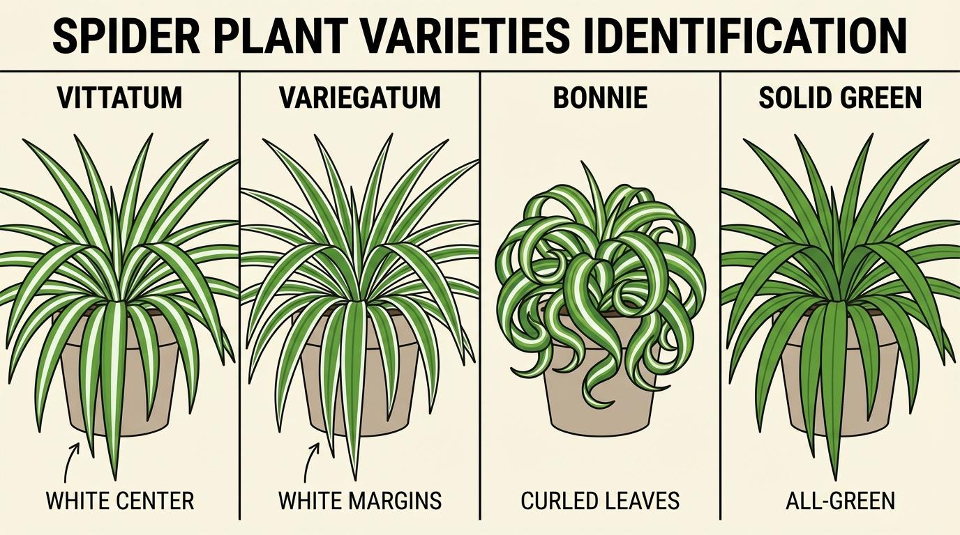 spider plant varieties diagram showing leaf differences between Vittatum, Variegatum, and Bonnie types.
