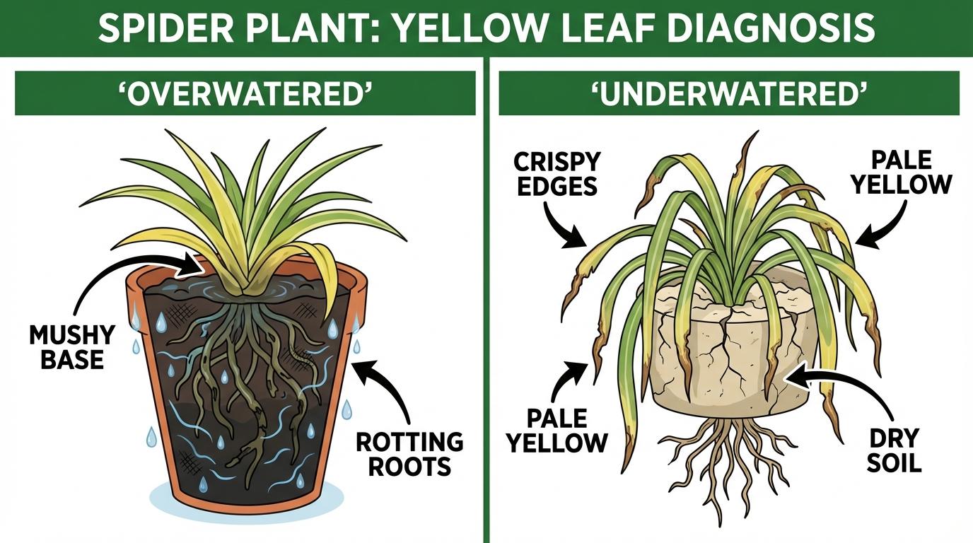 spider plant yellow leaves comparison diagram showing overwatering mushy base versus fluoride damage brown tips.