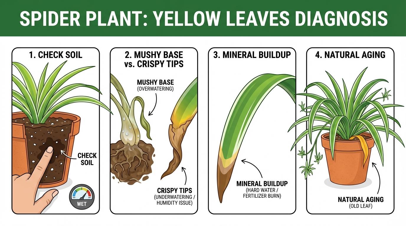 spider plant yellow leaves diagnosis guide with numbered steps for checking soil, texture, minerals, and natural aging.