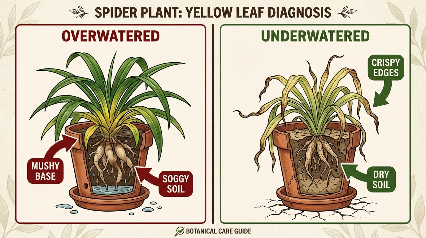 spider plant yellow leaves diagnosis showing the difference between mushy overwatered and crispy underwatered foliage