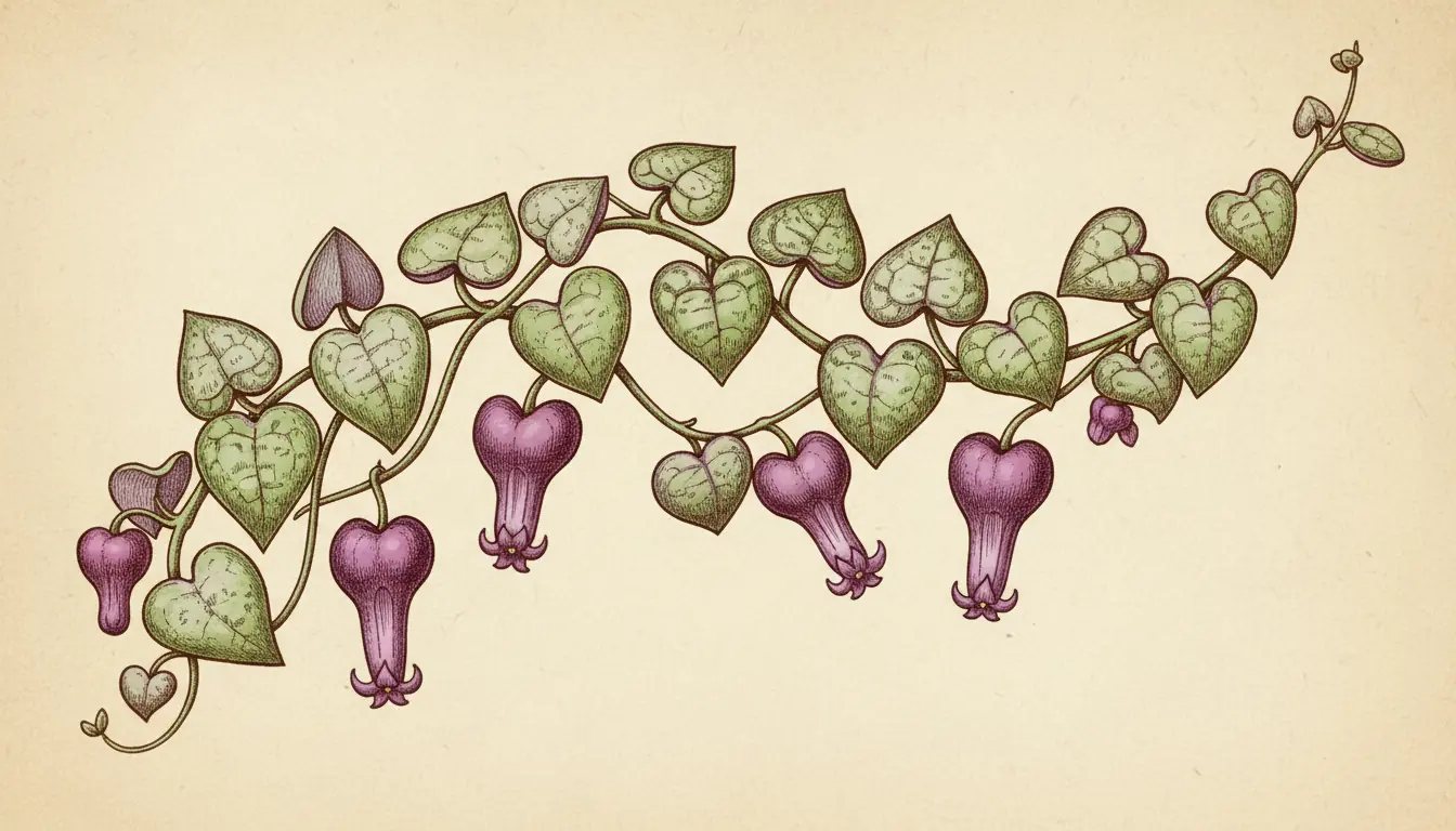 string of hearts flower showing unique tubular purple pink blooms