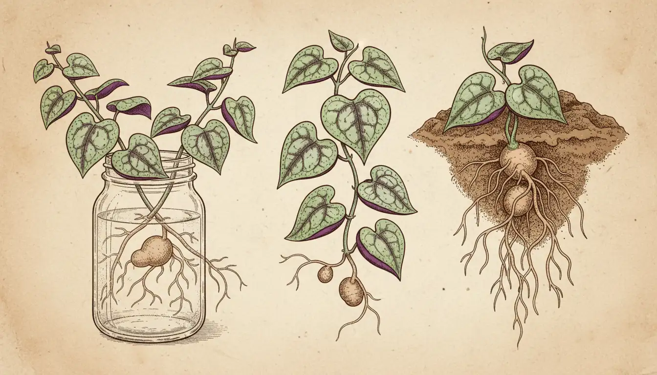 string of hearts propagation showing stem cuttings and tubers rooting