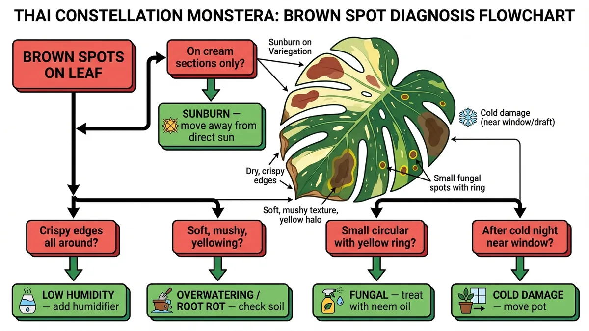 Diagnosis flowchart for identifying the cause of brown spots on Thai Constellation Monstera