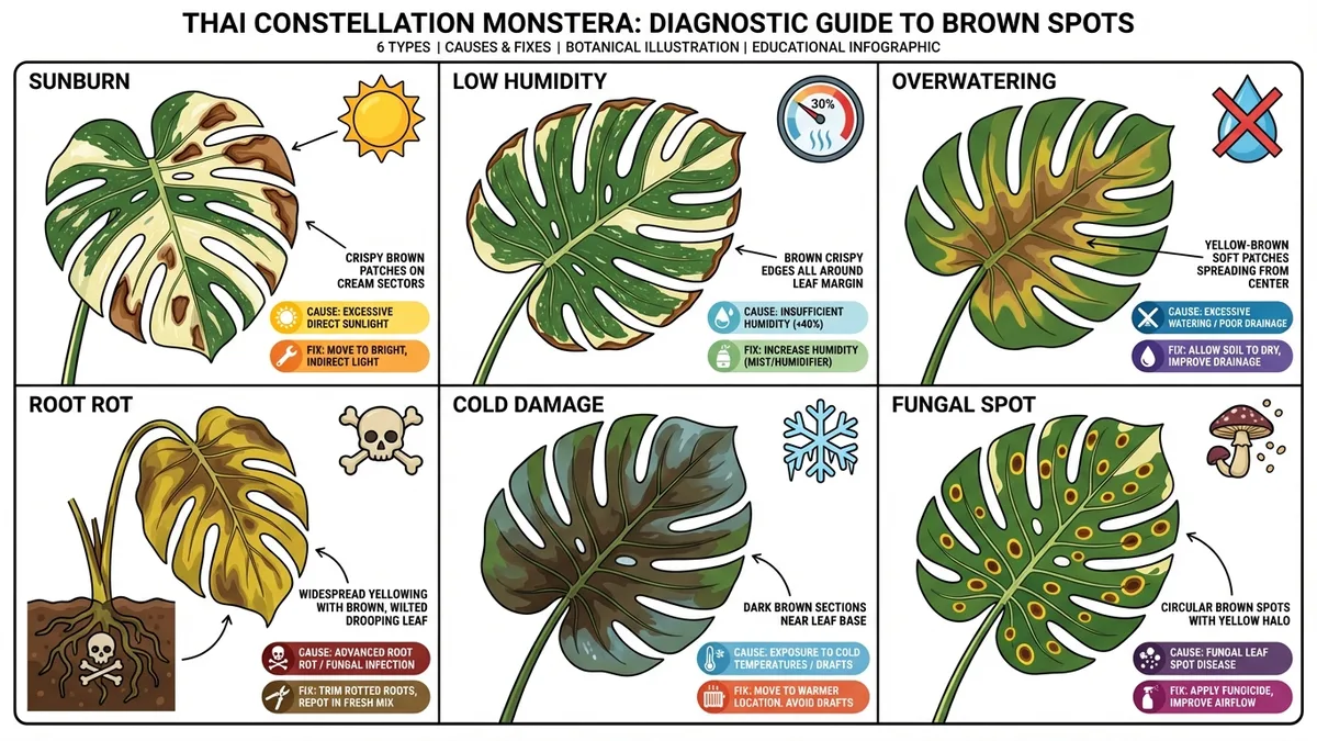 Diagnostic diagram showing 6 types of brown spots on Thai Constellation Monstera and their causes