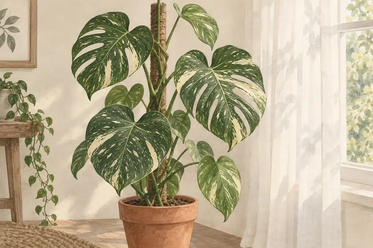 Illustrated cream-and-green Monstera in a bright interior beside a sheer-curtained window.