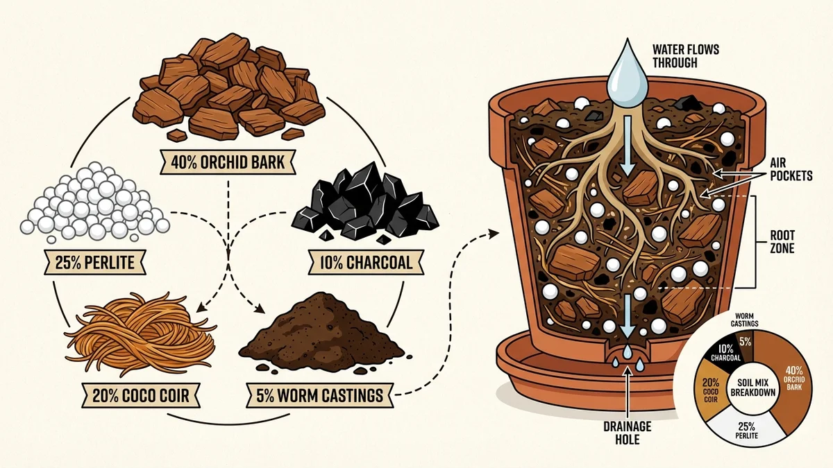 Components of a chunky aroid soil mix for Thai Constellation Monstera including orchid bark perlite and horticultural charcoal