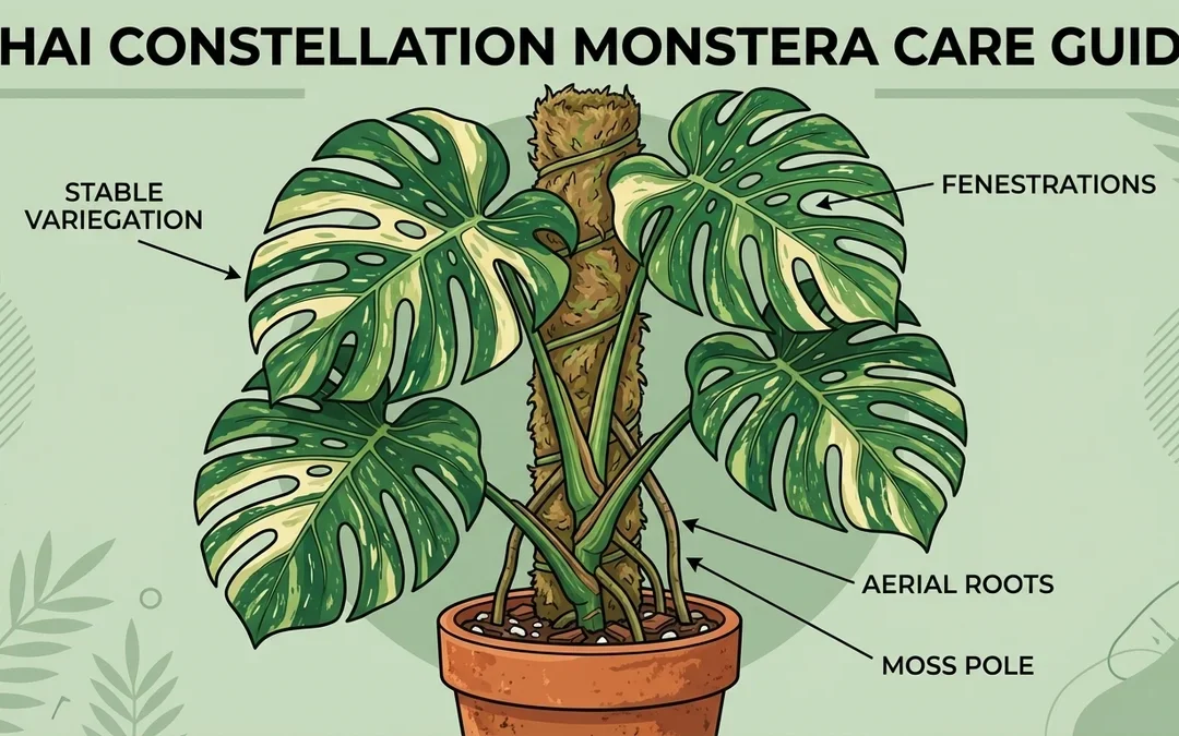 Thai Constellation Monstera care guide — complete illustrated guide to light, water, soil, humidity, and variegation care