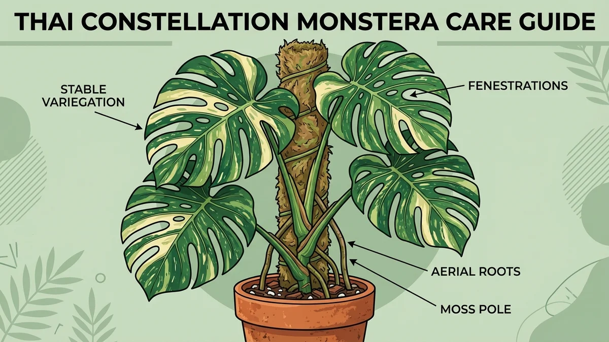 Thai Constellation Monstera care guide — complete illustrated guide to light, water, soil, humidity, and variegation care