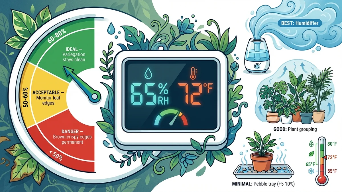 Hygrometer showing 65 percent humidity next to a Thai Constellation Monstera during winter care