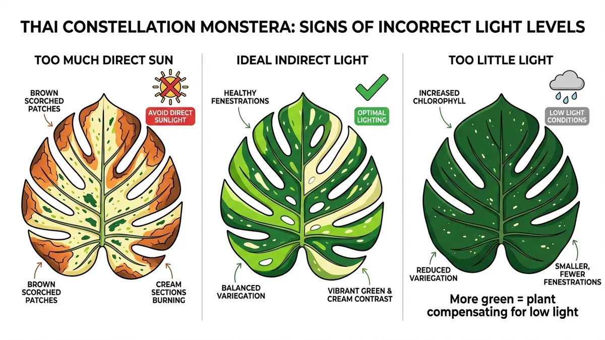 Visual guide to Thai Constellation Monstera light problems — too much sun, ideal light, and too little light