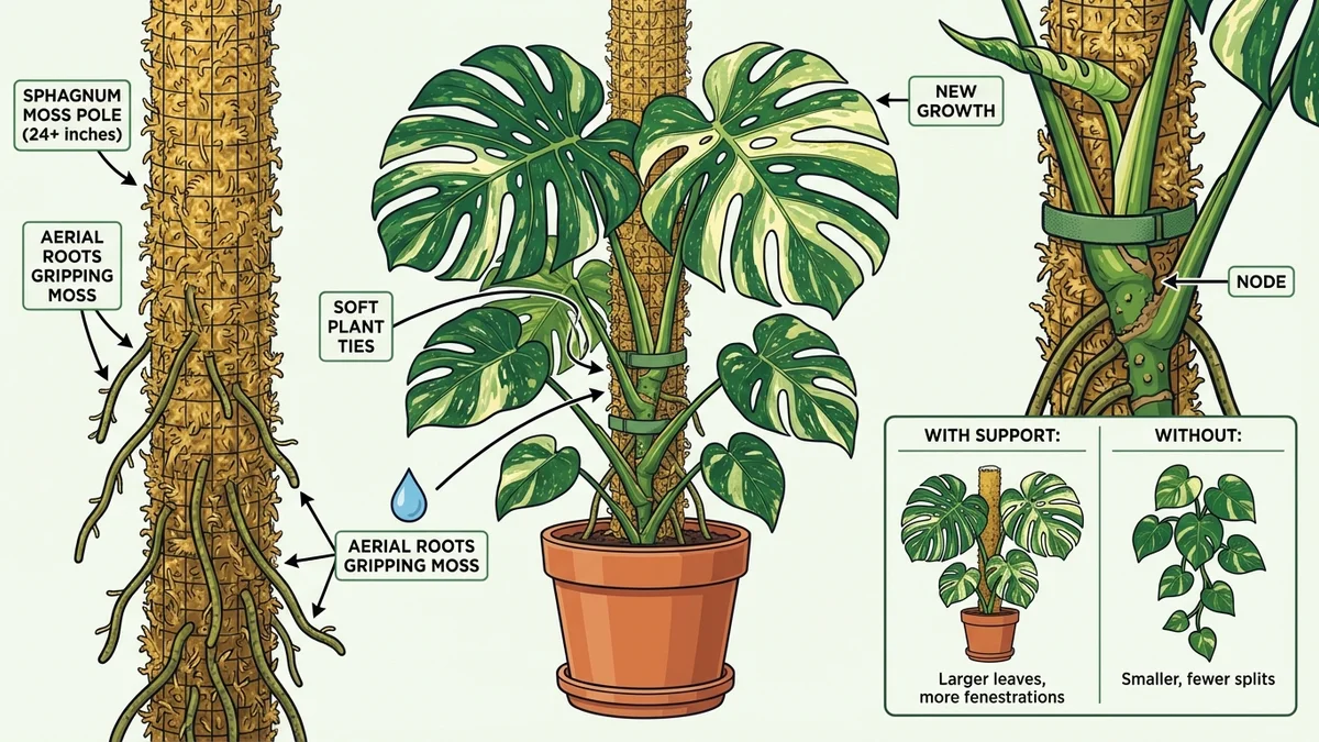 Thai Constellation Monstera climbing a sphagnum moss pole showing aerial roots gripping the support structure