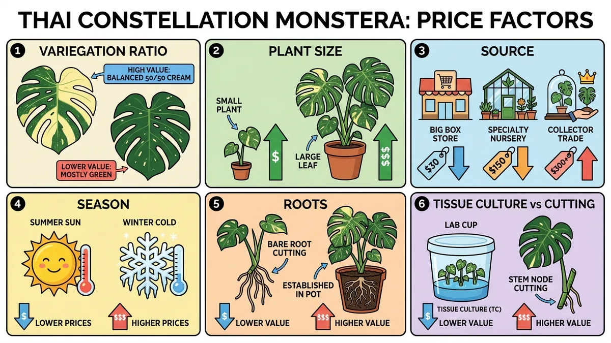 Six factors that determine Thai Constellation Monstera price — variegation ratio, size, source, season, roots, and origin