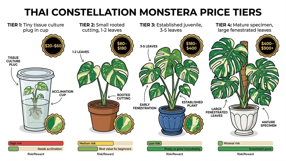 Thai Constellation Monstera price tiers by plant size from tissue culture to mature specimen