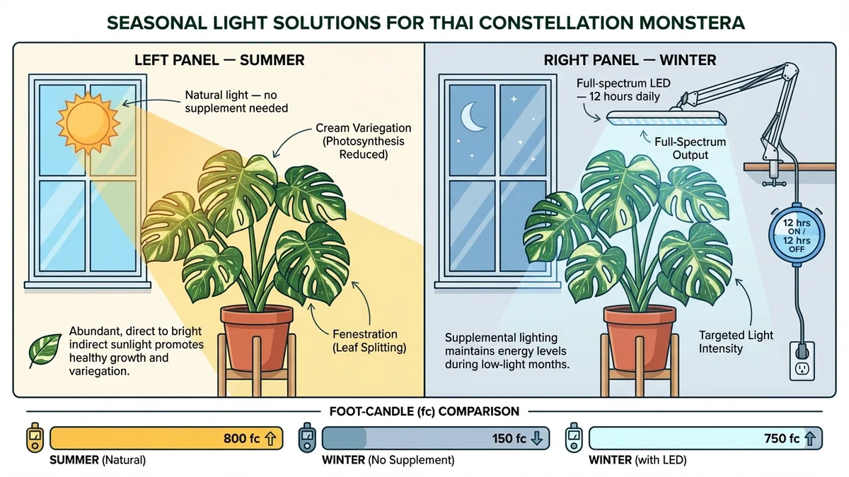Seasonal light comparison for Thai Constellation Monstera — summer natural light vs winter LED grow light supplementation