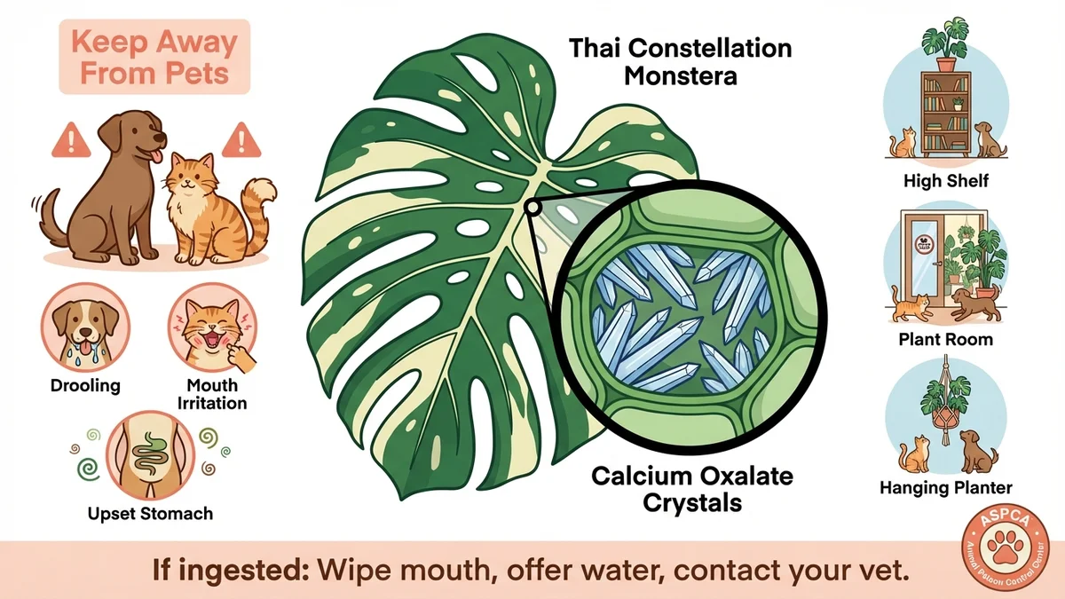Warning diagram showing that Thai Constellation Monstera is toxic to cats and dogs due to calcium oxalate crystals in the sap