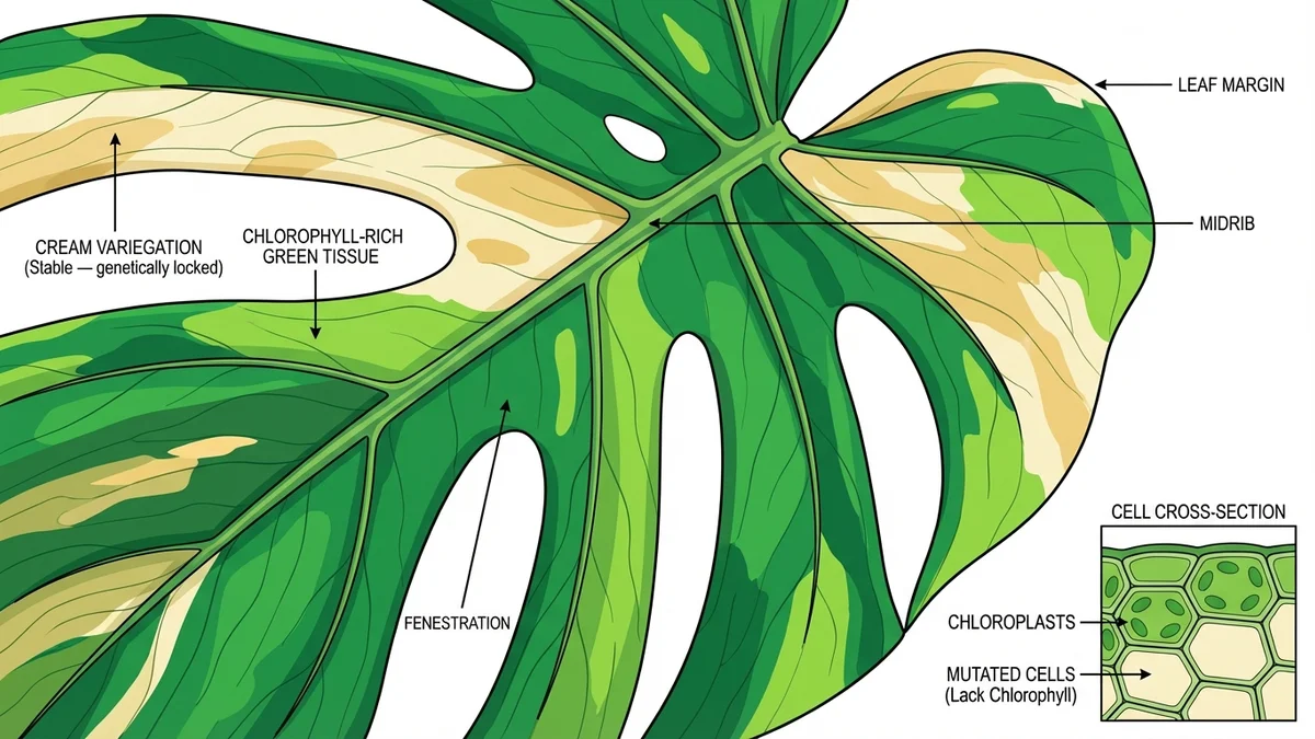 Close-up of a Thai Constellation Monstera leaf showing the stable cream and green variegation pattern created through tissue culture