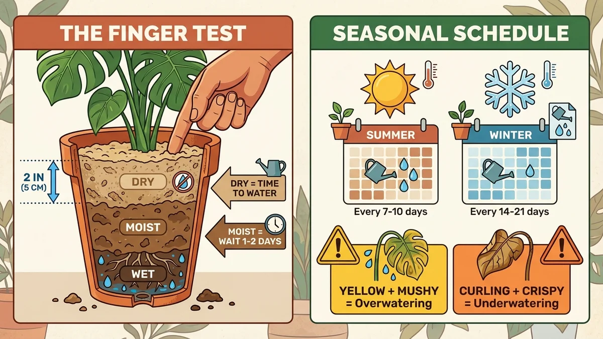 Finger test method for checking soil moisture before watering a Thai Constellation Monstera to prevent root rot