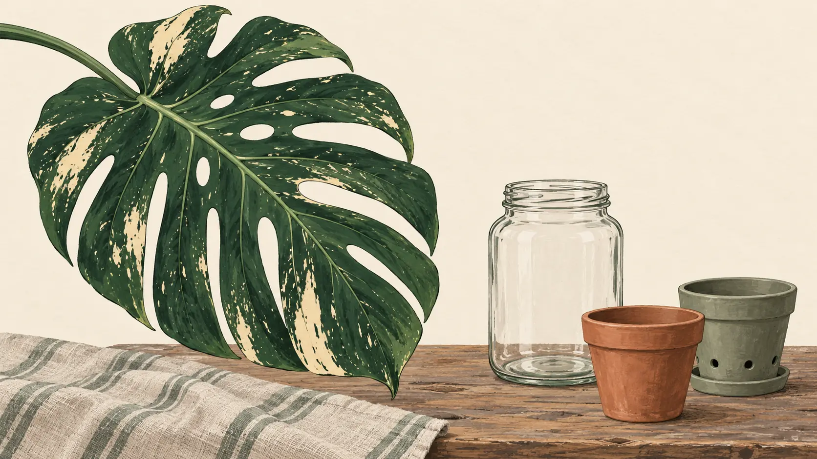 Botanical illustration of a cream-speckled Monstera leaf beside clean propagation containers.