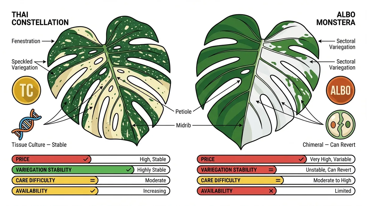 Side-by-side comparison of Thai Constellation Monstera vs Albo Monstera — variegation patterns, stability, price, and care difficulty