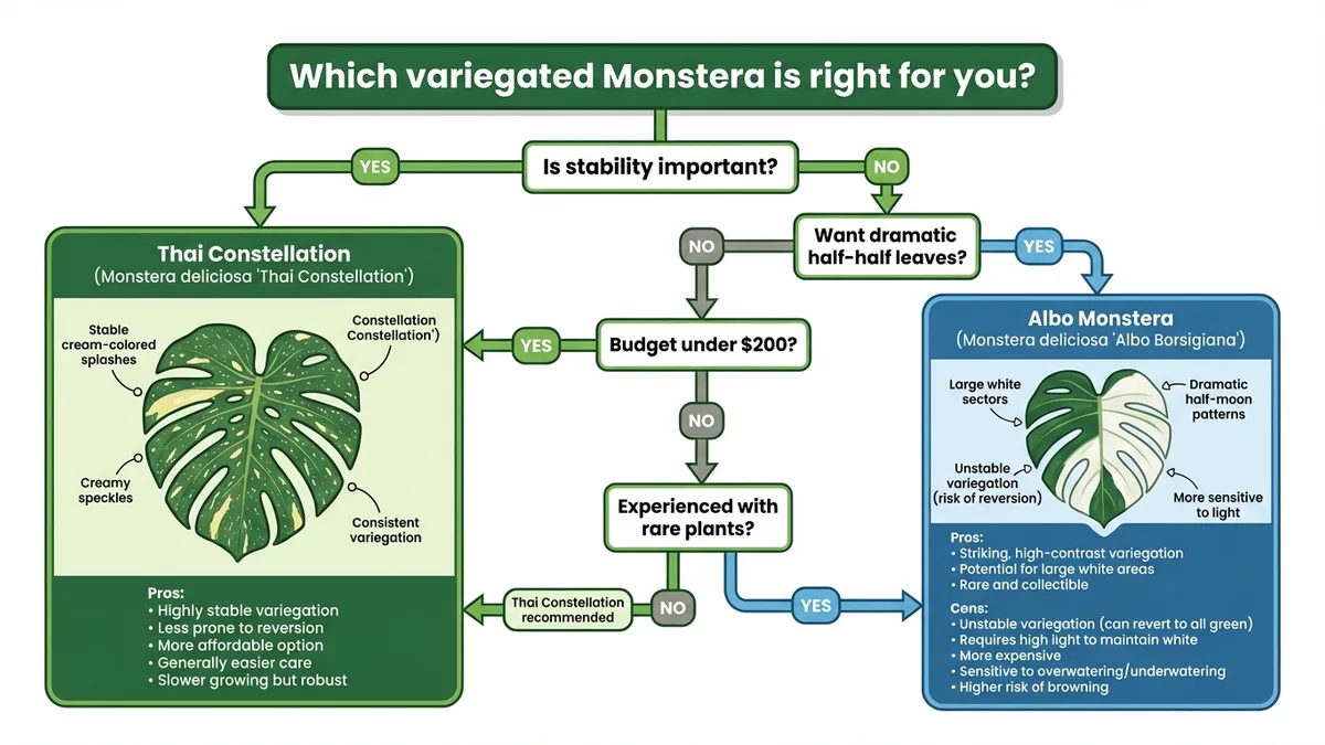 Decision flowchart to help buyers choose between Thai Constellation and Albo Monstera