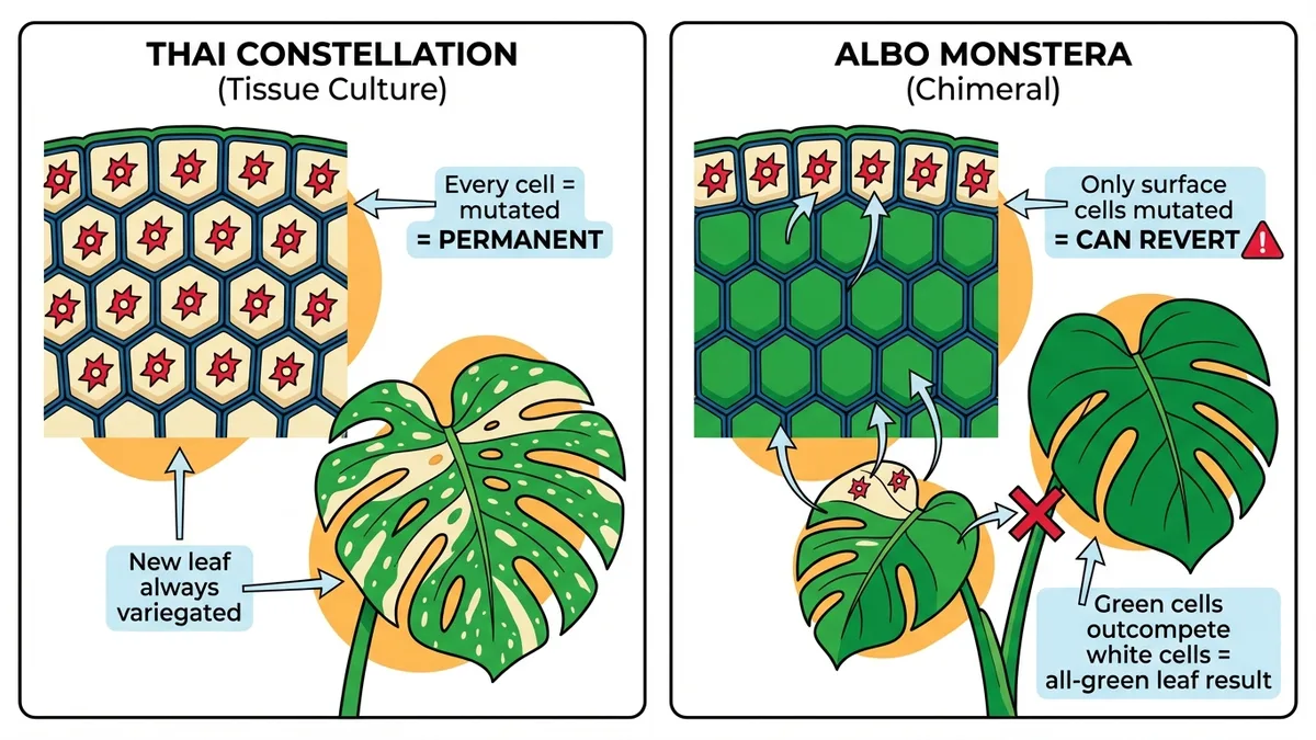Science diagram explaining why Thai Constellation variegation is stable while Albo Monstera can revert to green
