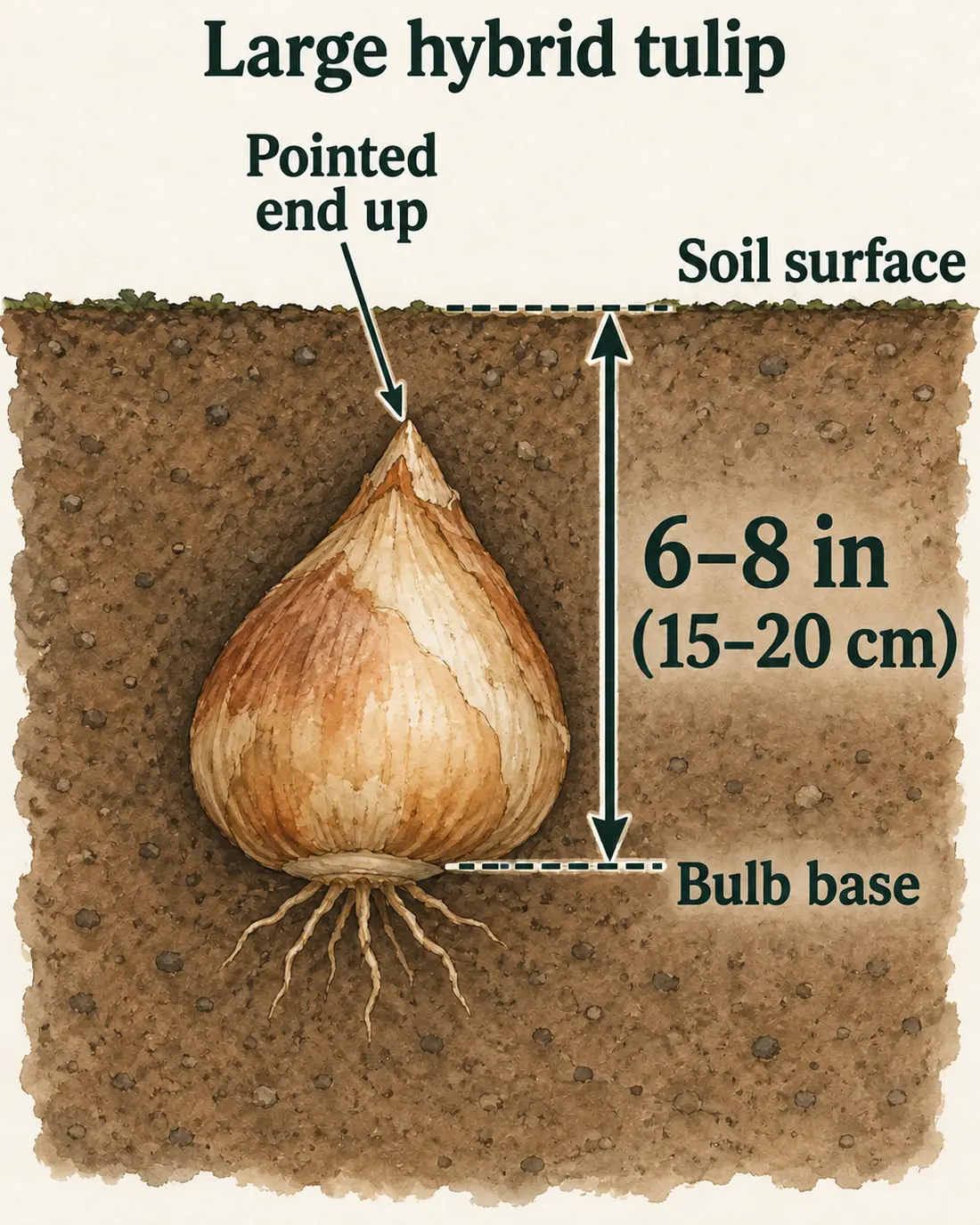 Soil cutaway showing a large hybrid tulip bulb pointed end up, with a 6–8-inch depth arrow from soil surface to the bulb base.