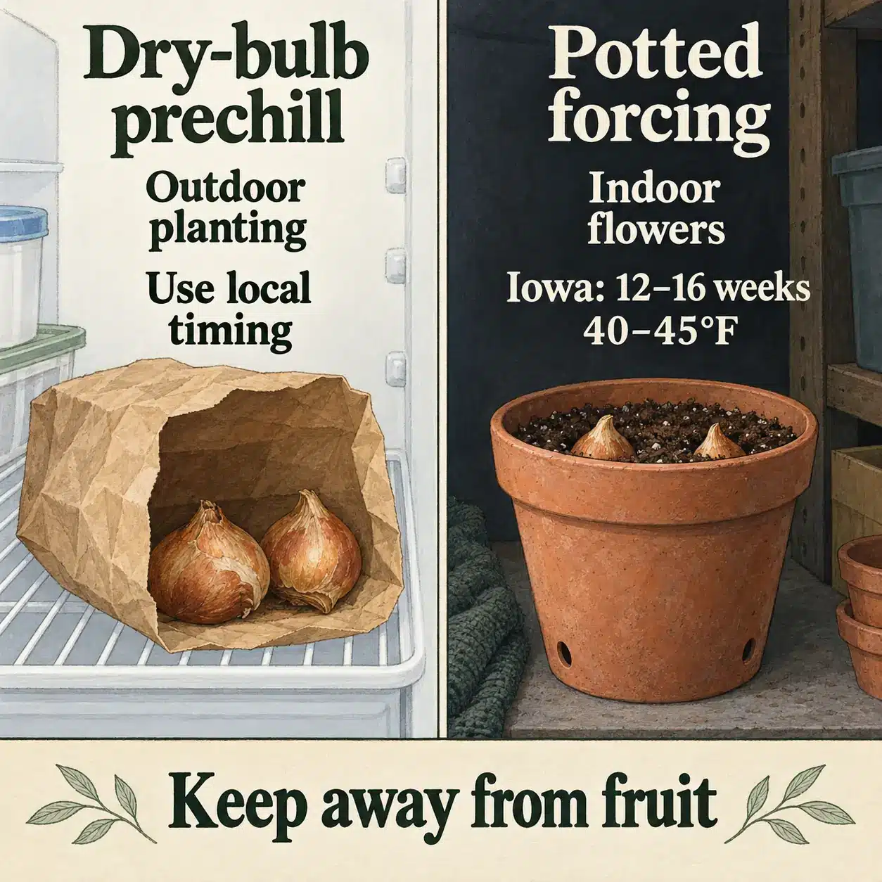 Illustrated comparison of dry tulip bulbs in a paper bag for local outdoor prechilling and a planted pot for a complete indoor forcing cold period.