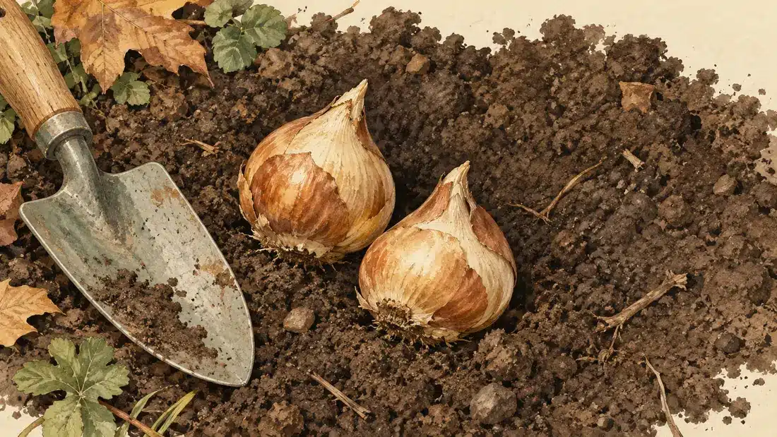 Illustration of dormant tulip bulbs beside a trowel on a well-drained fall garden bed.