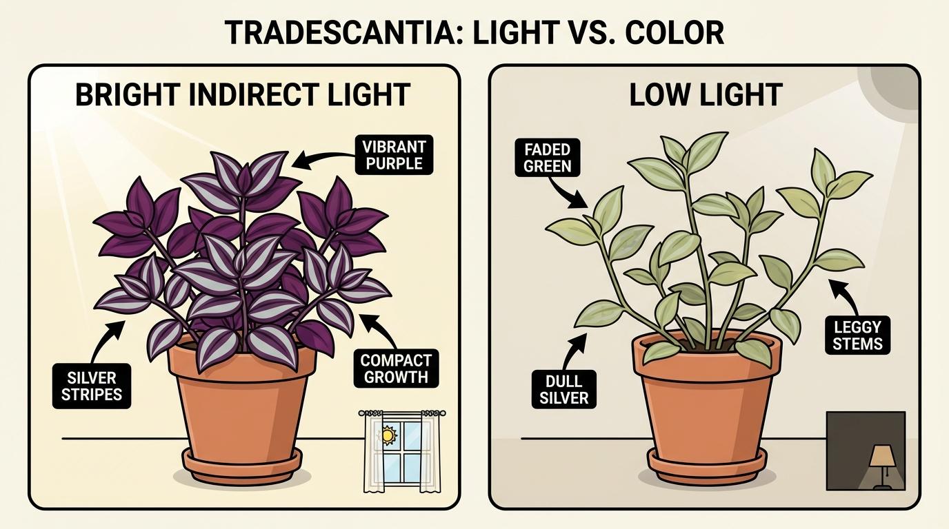 wandering jew light requirements, wandering jew light, tradescantia light needs. Comparison of vibrant purple vs faded green.