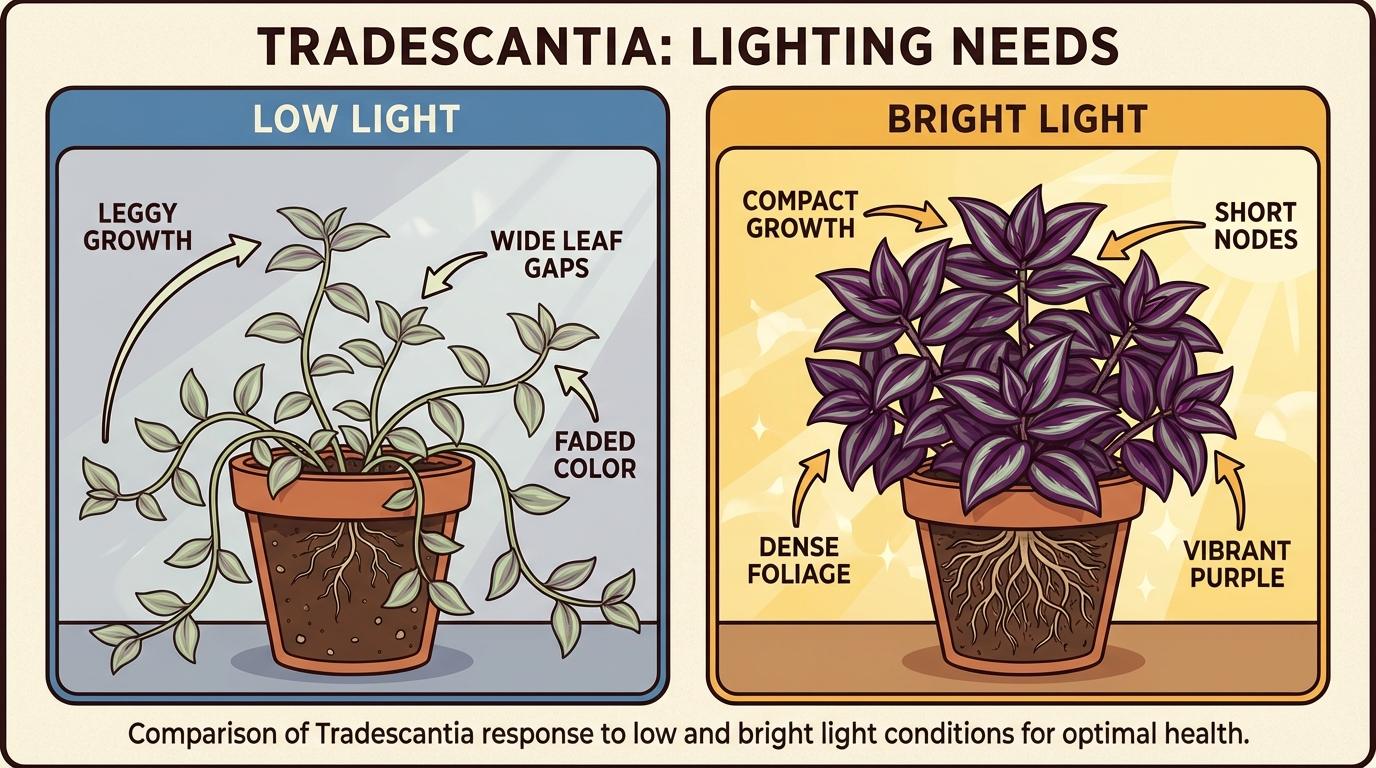 wandering jew light requirements, wandering jew light, tradescantia light needs - diagram comparing leggy and healthy growth.