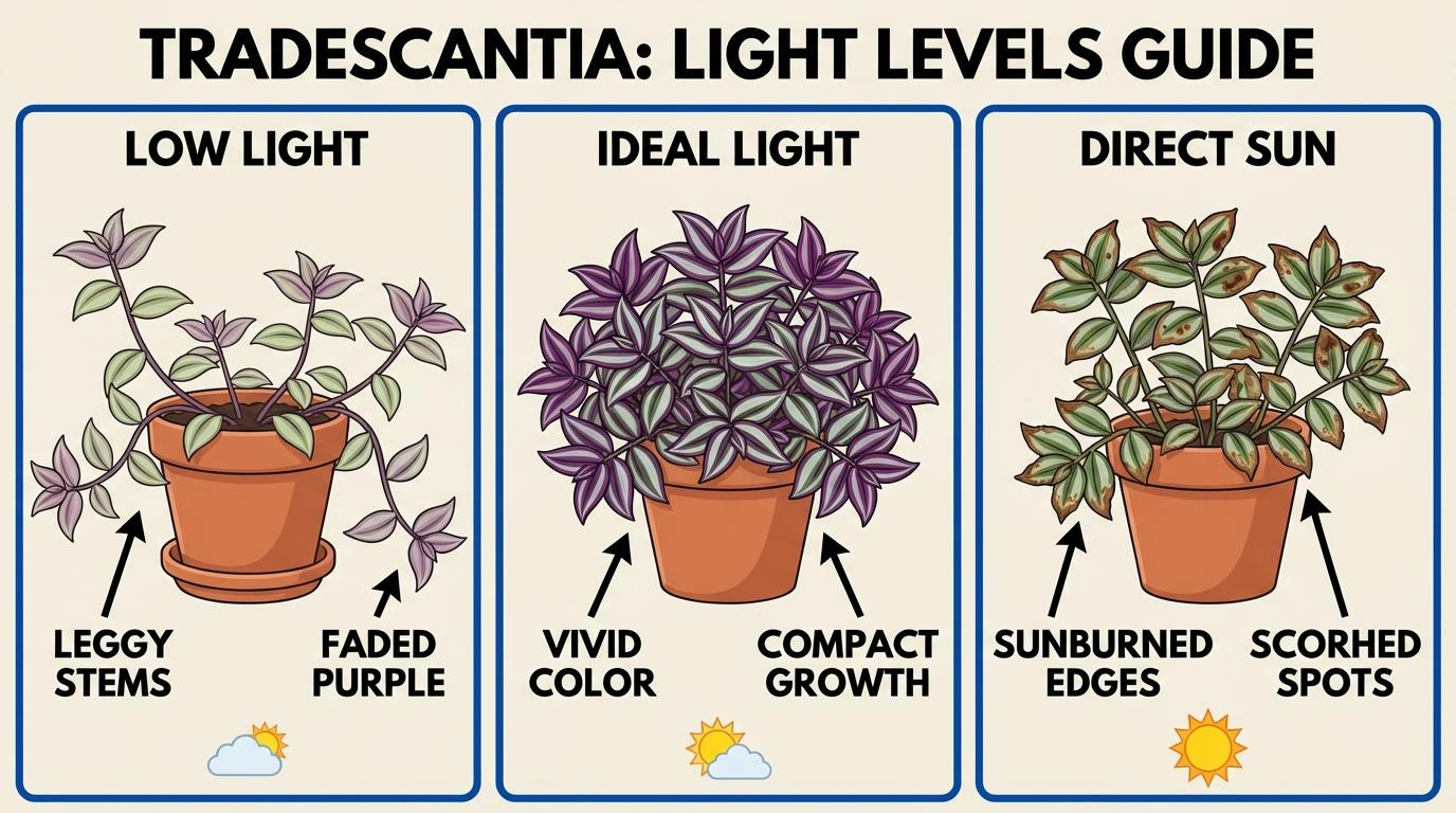 wandering jew light requirements, wandering jew light, tradescantia light needs comparison of low, ideal, and harsh light.