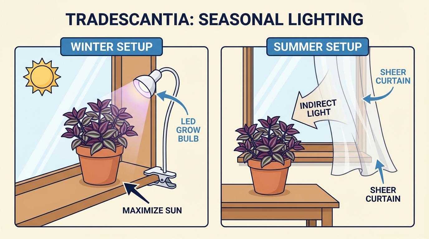 wandering jew light requirements, wandering jew light, tradescantia light needs comparison of winter and summer placement.