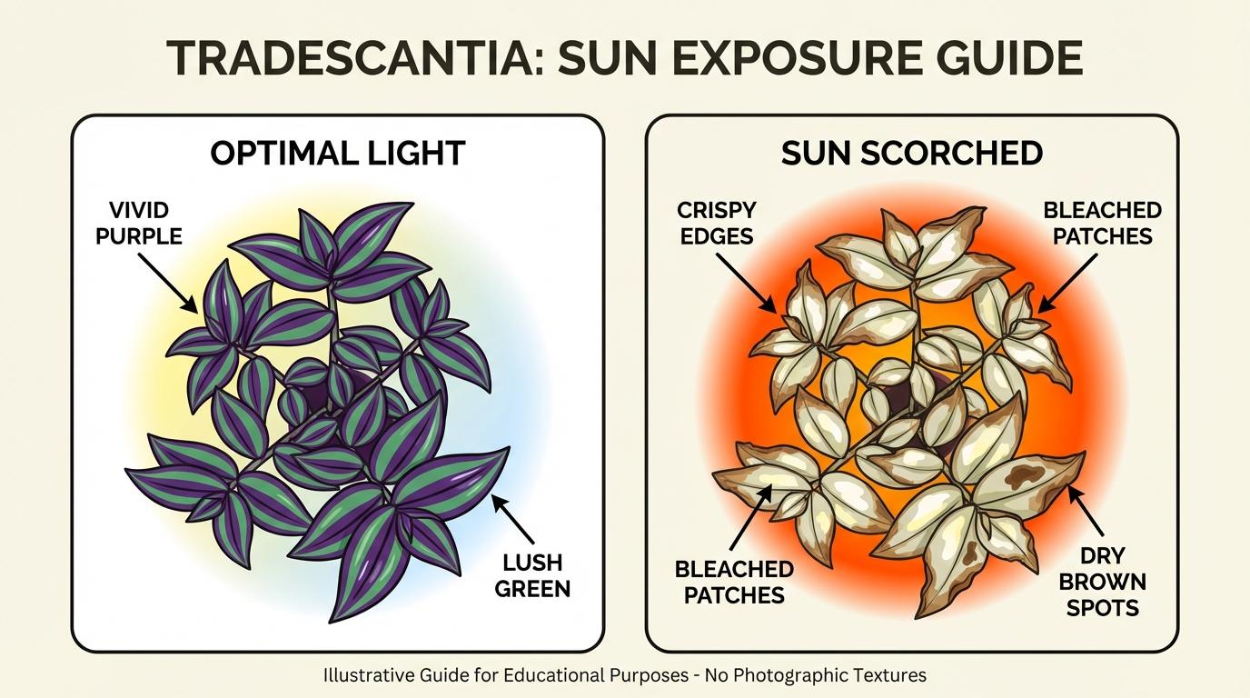 wandering jew light requirements, wandering jew light, tradescantia light needs healthy vs sunburned leaf comparison diagram.