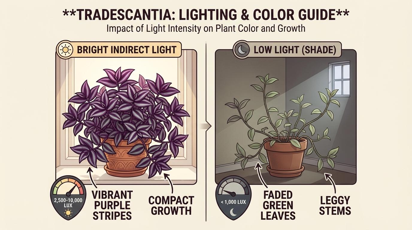wandering jew light requirements, wandering jew light, tradescantia light needs: side-by-side lighting comparison.