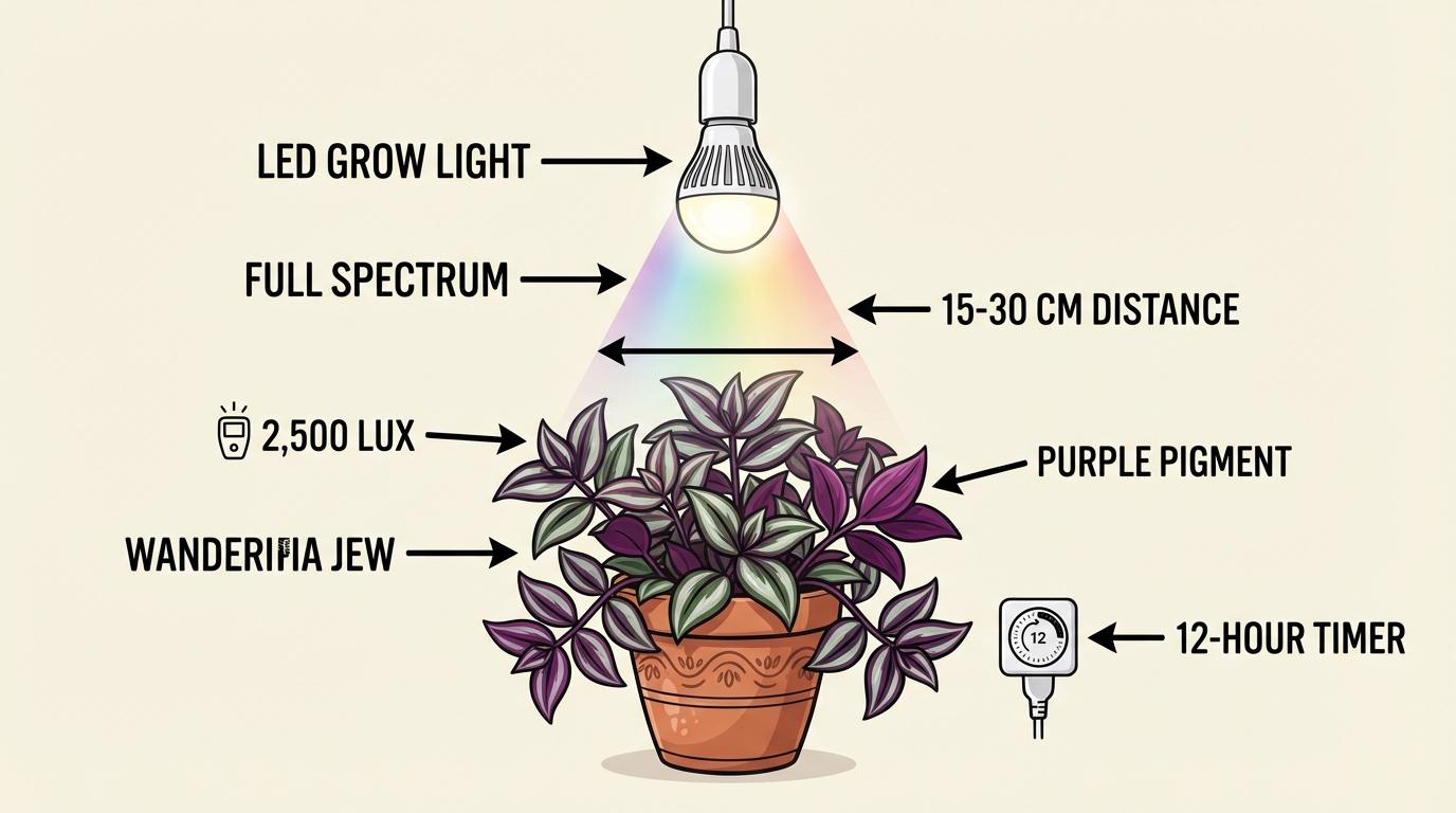 wandering jew light requirements, wandering jew light, tradescantia light needs - diagram of LED grow light setup.