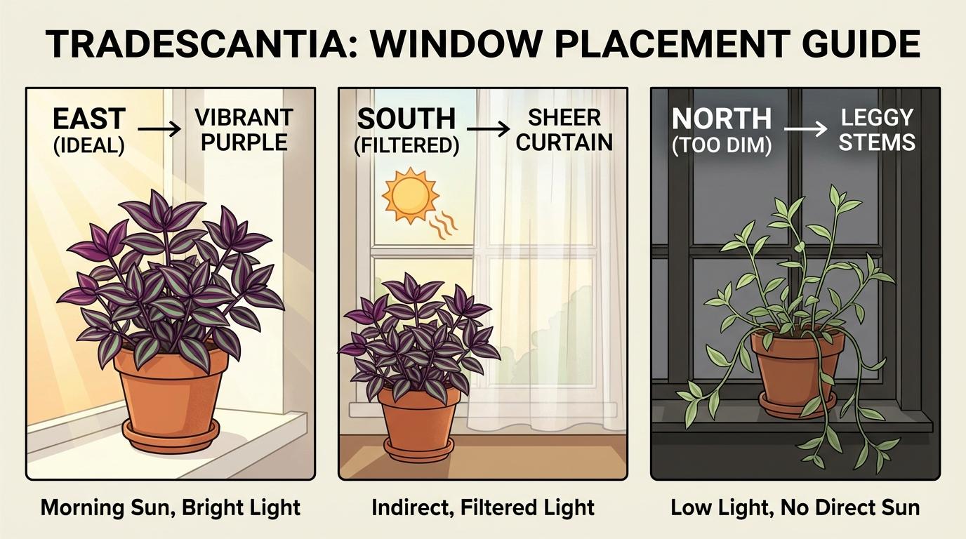 wandering jew light requirements, wandering jew light, tradescantia light needs - Diagram comparing East, South, and North window light.