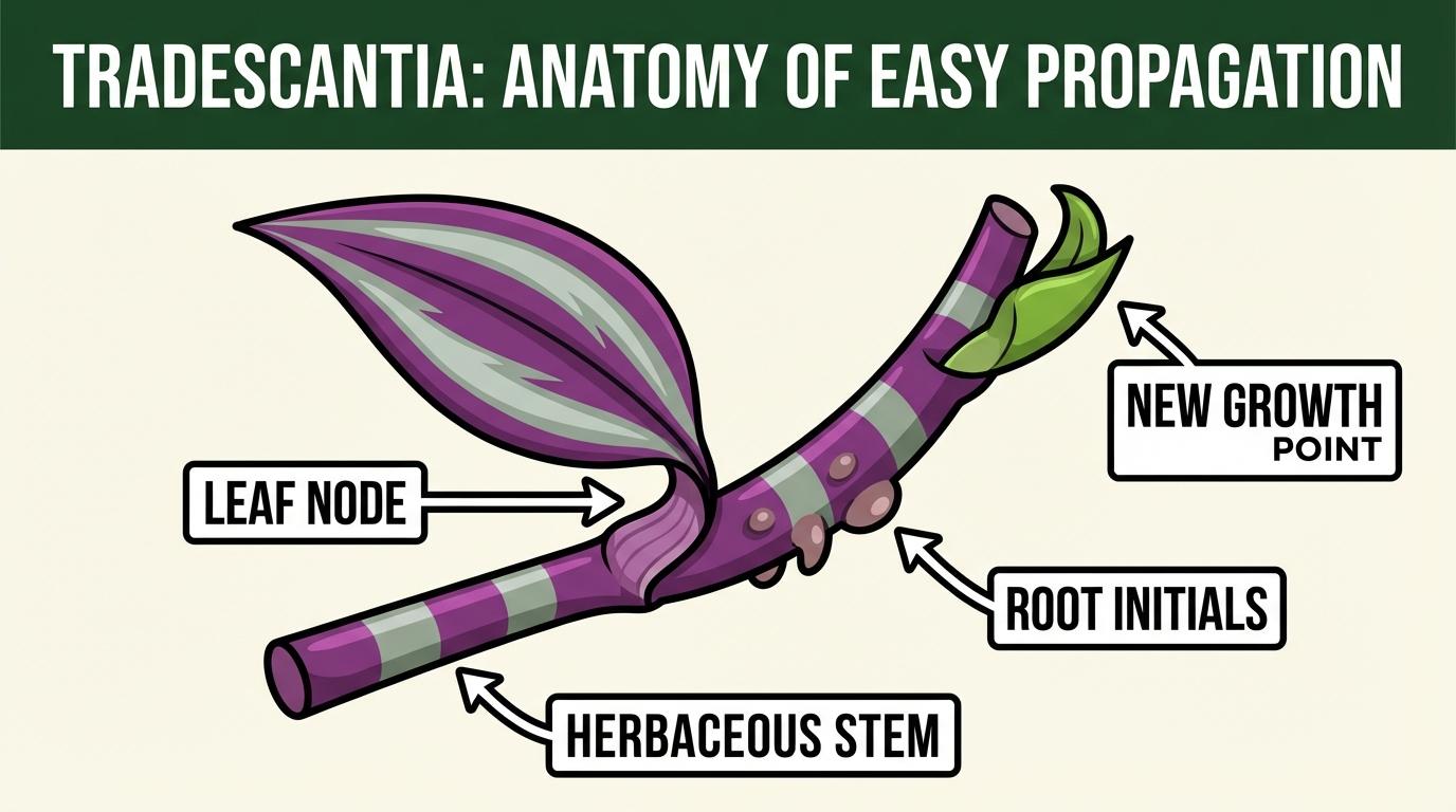 wandering jew propagation, how to propagate wandering jew, tradescantia propagation diagram showing leaf nodes and roots.