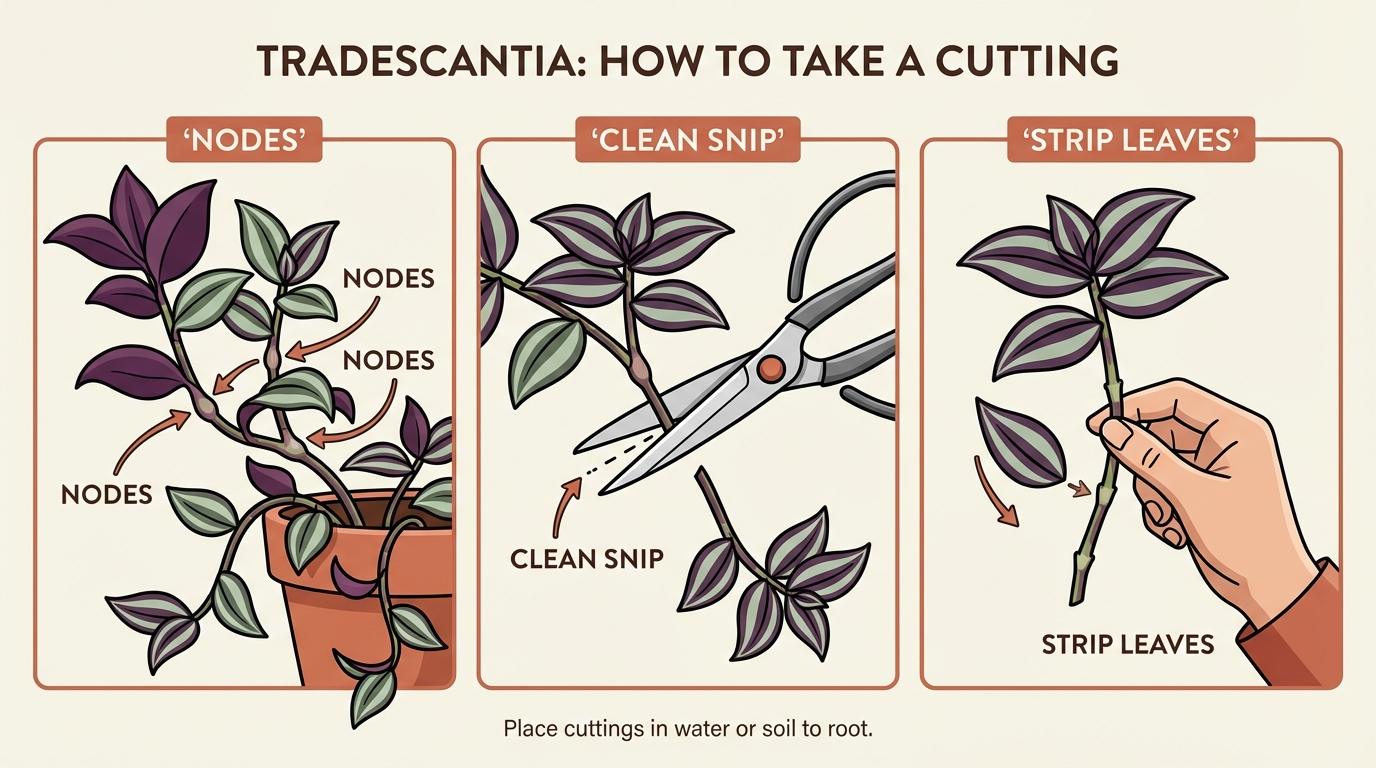 wandering jew propagation, how to propagate wandering jew, tradescantia propagation steps showing node cuts and leaf stripping.