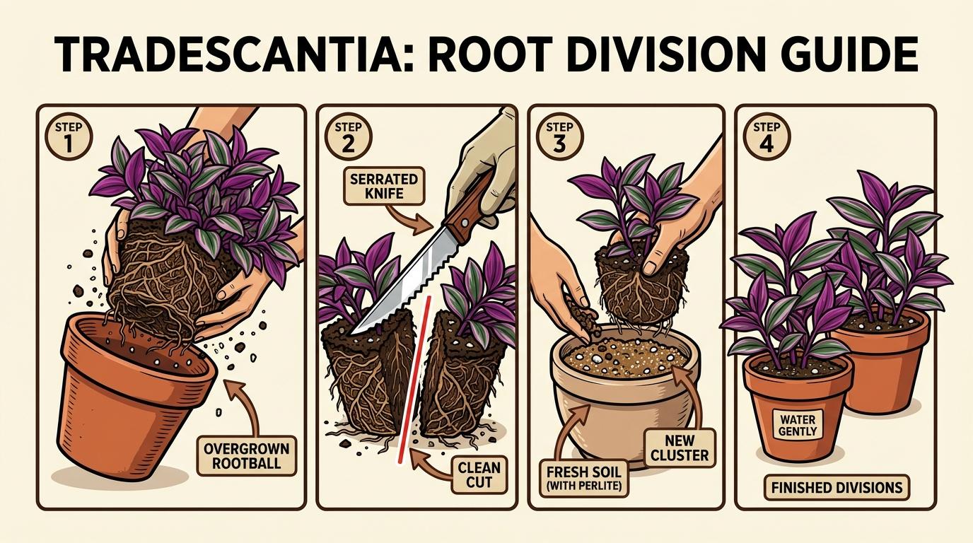 wandering jew propagation, how to propagate wandering jew, tradescantia propagation guide showing root division steps.