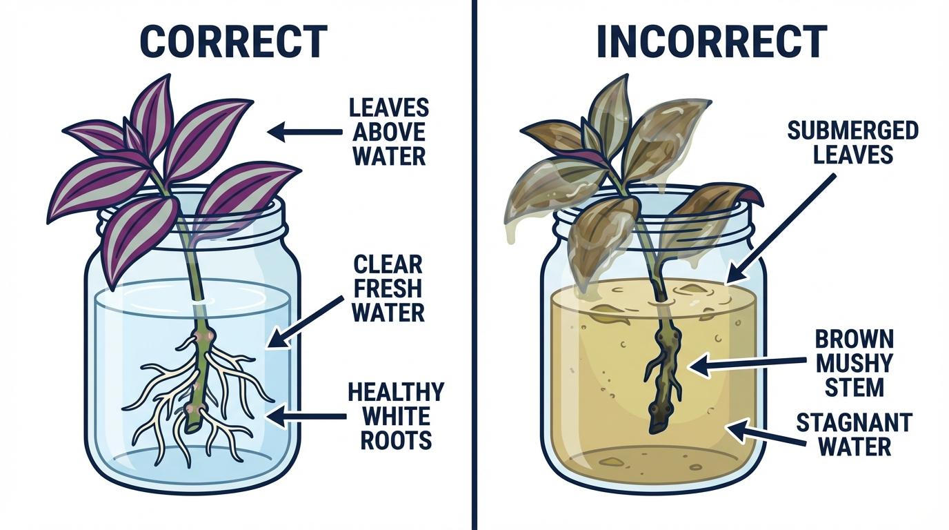 wandering jew propagation, how to propagate wandering jew, tradescantia propagation guide showing healthy vs rotting stems.
