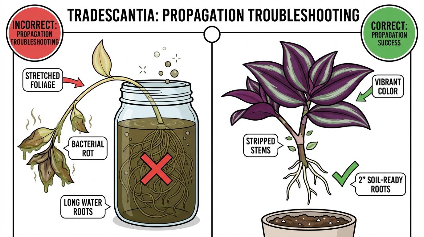 wandering jew propagation, how to propagate wandering jew, tradescantia propagation mistakes vs healthy rooting diagram.