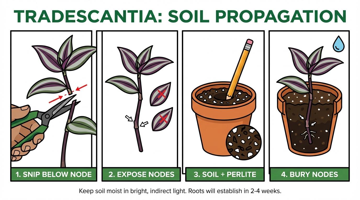 wandering jew propagation, how to propagate wandering jew, tradescantia propagation diagram showing 4 steps for soil rooting.
