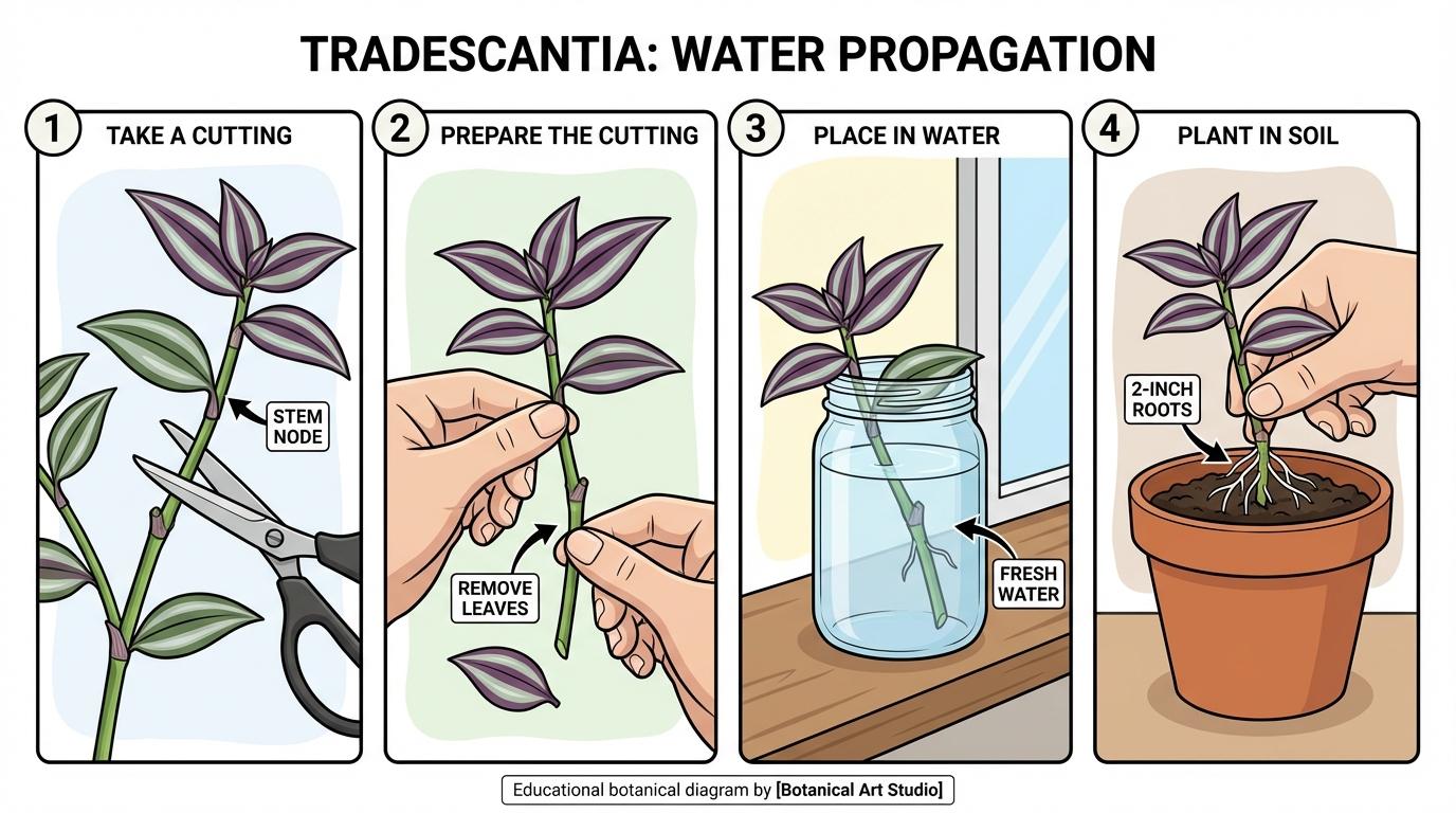 wandering jew propagation, how to propagate wandering jew, tradescantia propagation water method steps diagram