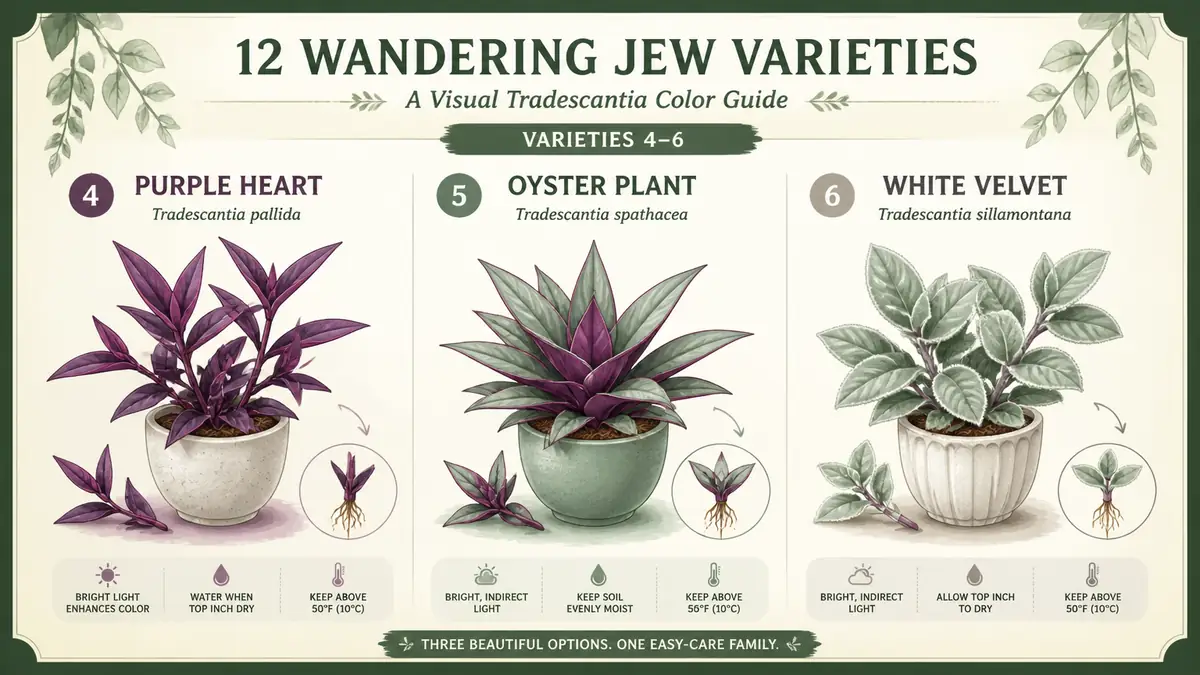 visual comparison of purple heart oyster plant and white velvet tradescantia
