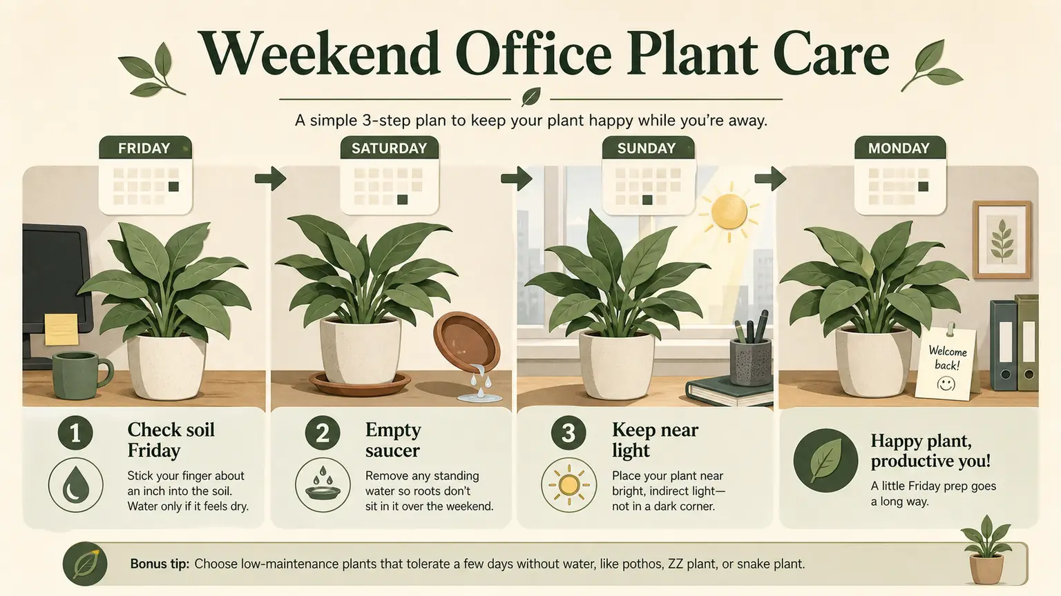 Stylized Friday to Monday office plant care checklist