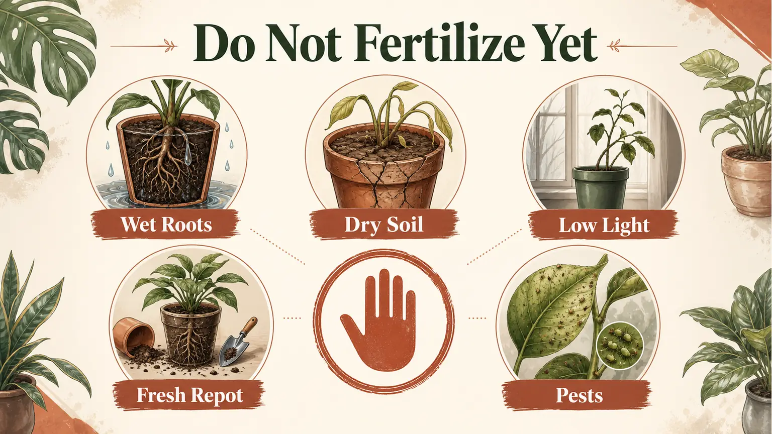 Illustrated warning showing times not to fertilize stressed indoor plants