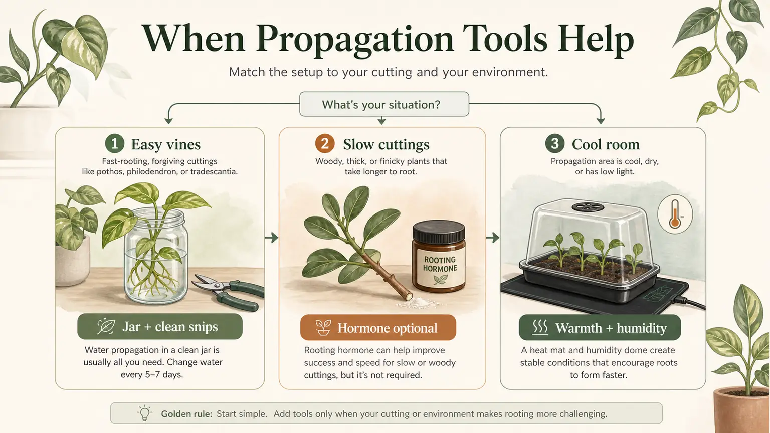 Illustrated propagation decision guide showing easy vines, slow cuttings, and cool room setups