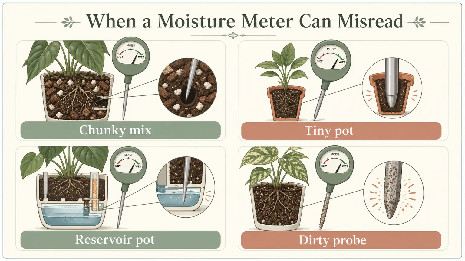 Illustrated warning showing chunky mix, tiny pot, reservoir pot, and dirty probe meter misreads