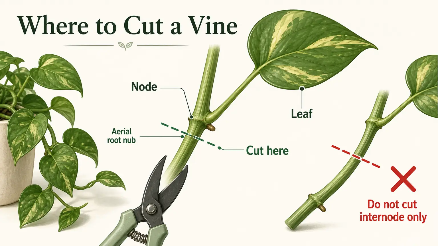 Illustrated vine cutting diagram showing node, leaf, aerial root nub, correct cut, and wrong internode cut