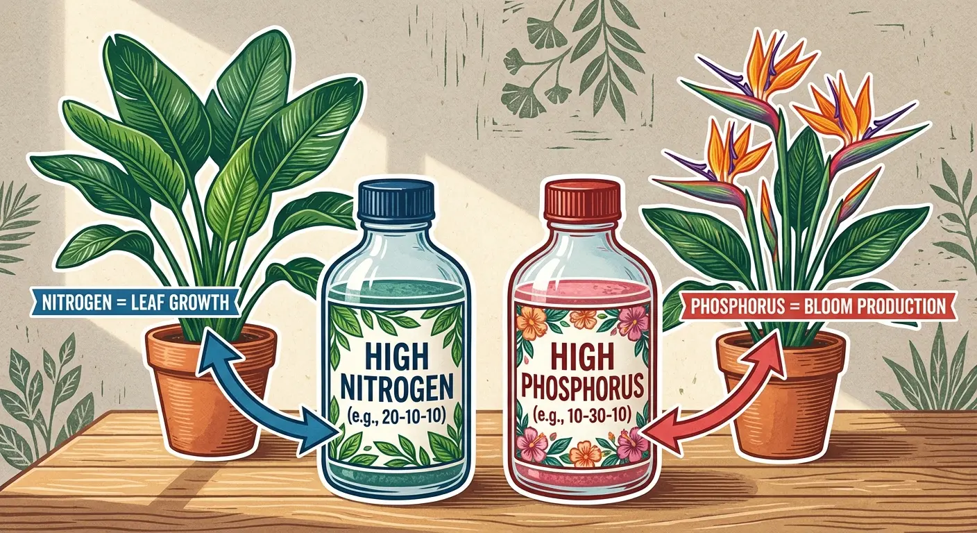 Illustration of different fertilizer types for Bird of Paradise plants, demonstrating how to switch the fuel source to promote blooming and address why won't bird of paradise bloom.
